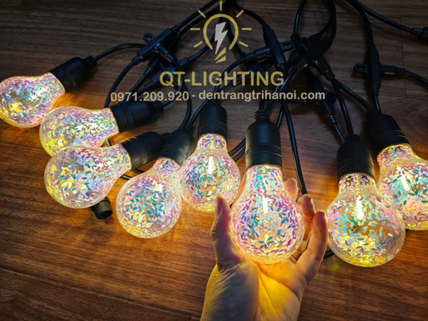 Đèn dây đui trang trí, bóng tròn hồng lấp lánh