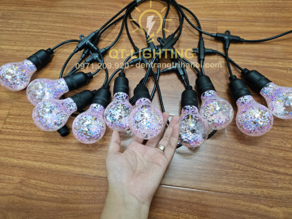 Đèn dây đui trang trí, bóng tròn hồng lấp lánh